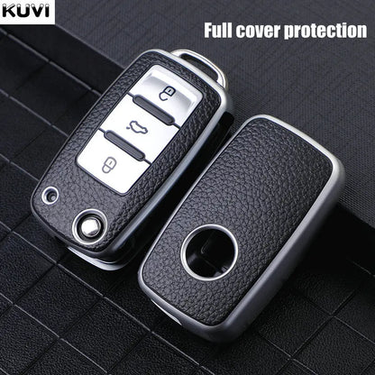 Leather TPU Car Key Case Cover for Volkswagen & Skoda – Fits Polo, Golf, Passat, Tiguan, Beetle, Caddy, T5, Up, Eos, Octavia, Seat Leon, Altea