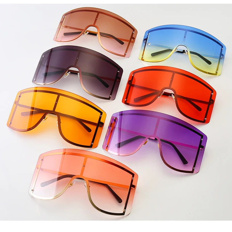 Oversized Women Blue Yellow Gradient Huge Sunglasses: Curved Fashion Rimless Metal Shades for Personality Massive Female Eyewear Prop