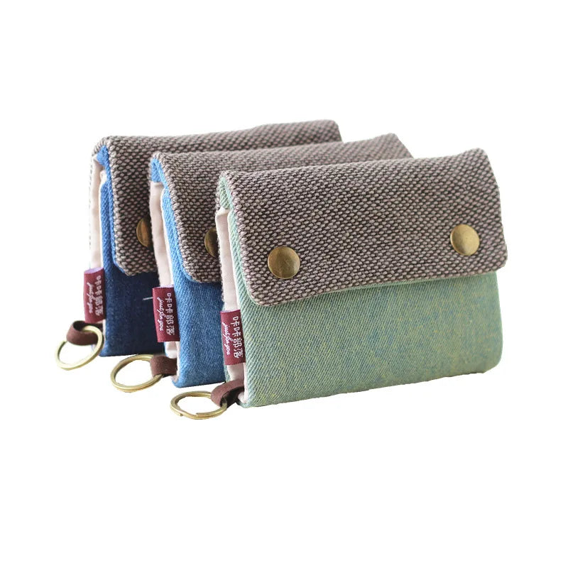 Handmade Three-Fold Fabric Wallet — Short Zipper Purse for Women & Men, Multi-Function Card & Key Holder for Teens