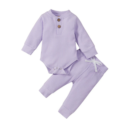 Unisex Baby 2-Piece Outfit Set - Long-Sleeve Ribbed or Plaid Bodysuit with Elastic Pants for Spring & Autumn