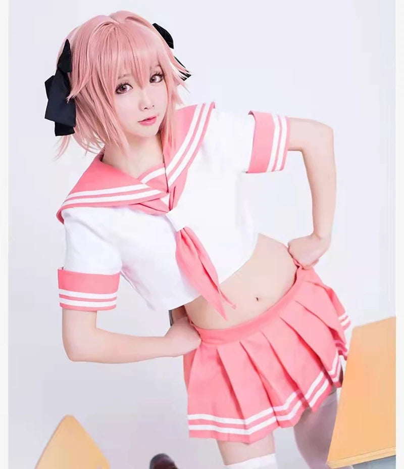 Fate Grand Order Astolfo Cosplay Costume – Fate Apocrypha Rider JK Uniform Sailor Suit Skirt for Women, Halloween