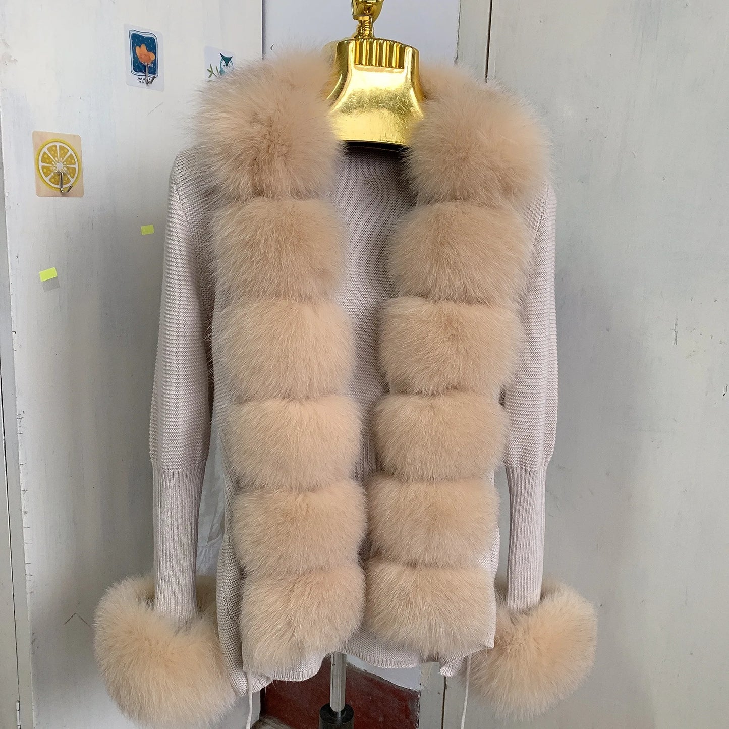 Women’s Spring & Autumn Sweater Cardigan – Real Fox Fur Collar Jacket, Natural Fur Outerwear