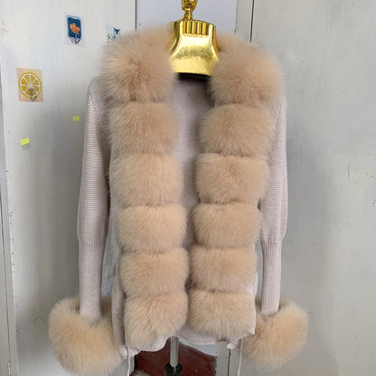 Women’s Spring & Autumn Sweater Cardigan – Real Fox Fur Collar Jacket, Natural Fur Outerwear