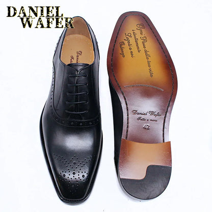 Men’s Genuine Leather Oxford Shoes - Brown and Black Snake Print Lace-Up Business Wedding Dress Shoes