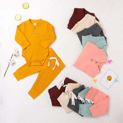 Unisex Baby 2-Piece Outfit Set - Long-Sleeve Ribbed or Plaid Bodysuit with Elastic Pants for Spring & Autumn