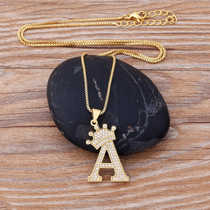 Nidin Luxury A-Z Crown Alphabet Pendant – Copper Zircon Initial Necklace Chain, Hip-Hop Style Jewelry for Men & Women