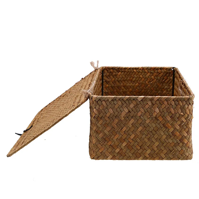 Handmade Seagrass Woven Storage Box with Lid - Seaweed Finishing Basket for Sundries, Bath Cosmetics, and Towels, Model MX01161829