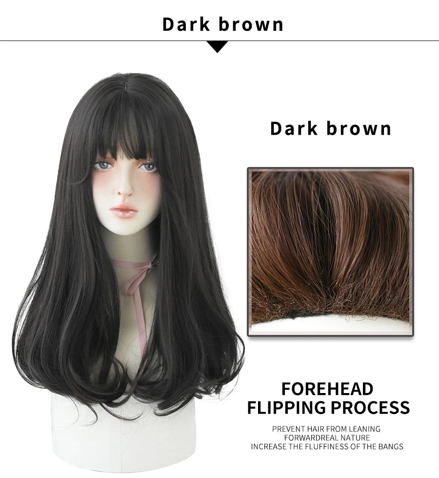 7JHHWIGS Long Straight Light Brown Synthetic Wig with Bangs – Heat-Resistant Daily Wear Wig for Women