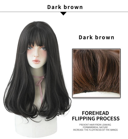 7JHHWIGS Long Straight Light Brown Synthetic Wig with Bangs – Heat-Resistant Daily Wear Wig for Women