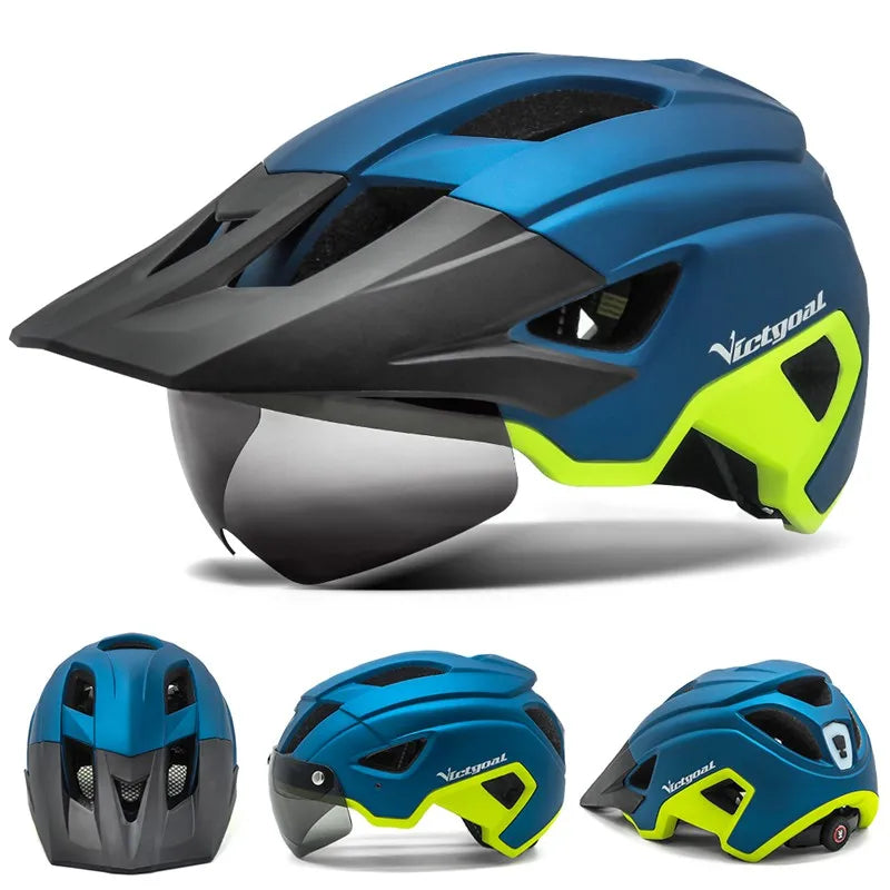 VICTGOAL LED Bike Helmet – Rechargeable Men’s Cycling Helmet with Sun Goggle Visor & Sunglasses Shield for Road & MTB Cycling