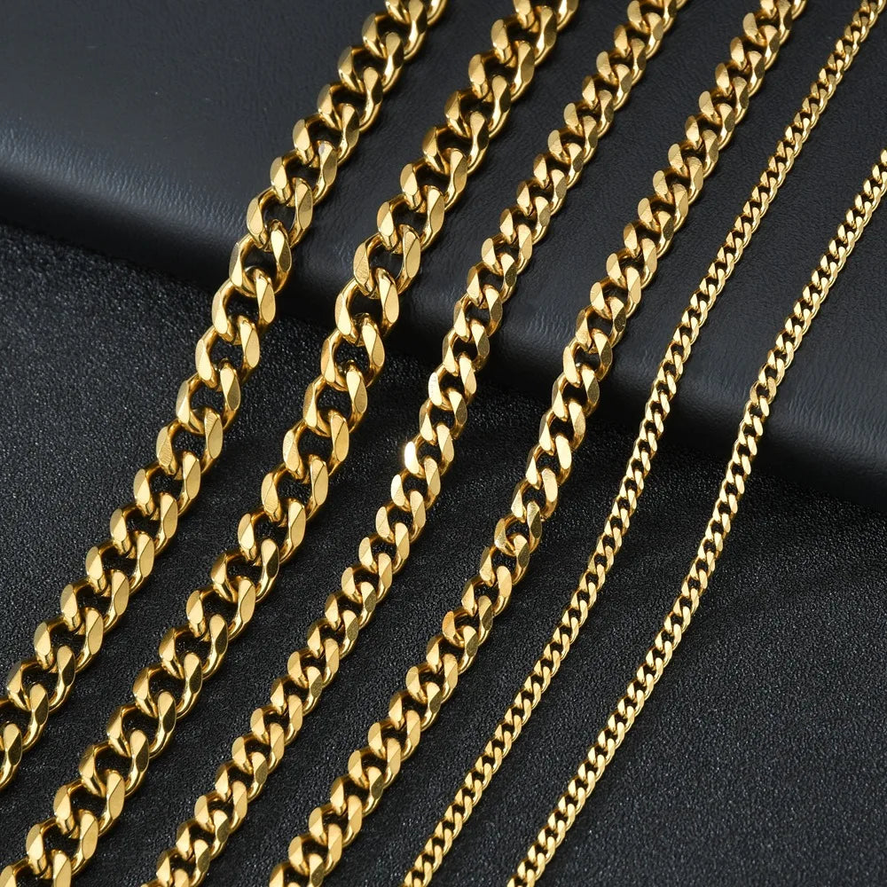 Basic Punk Cuban Chain Necklace – 3mm/5mm/7mm Stainless Steel Curb Link Choker for Men & Women, Black & Gold Colors