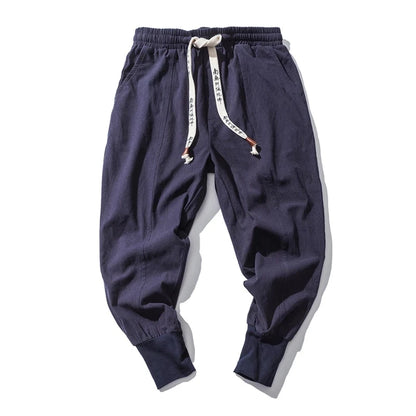 Men’s Cotton Linen Harem Pants – Solid Color Baggy Drop-Crotch Joggers with Elastic Waist Casual Streetwear Trousers