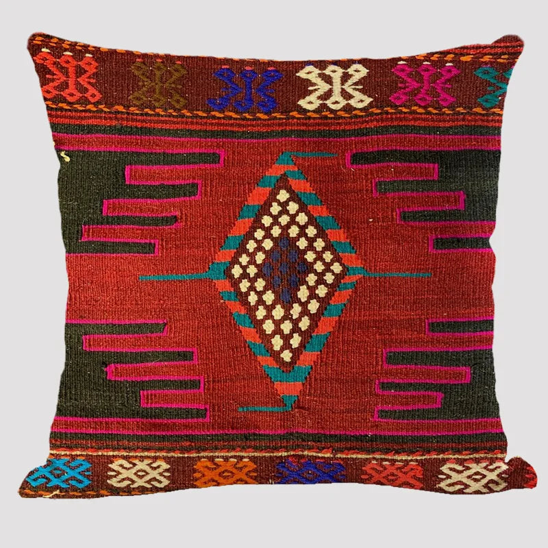 Bohemian Linen Cushion Cover – Multicolor Ethnic Geometric Pattern Decorative Pillow for Living Room Sofa