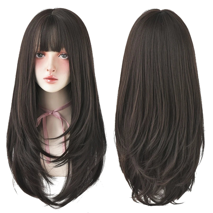 7JHHWIGS Long Straight Light Brown Synthetic Wig with Bangs – Heat-Resistant Daily Wear Wig for Women