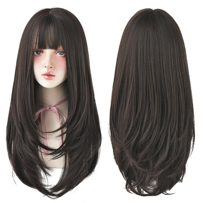 7JHHWIGS Long Straight Light Brown Synthetic Wig with Bangs – Heat-Resistant Daily Wear Wig for Women