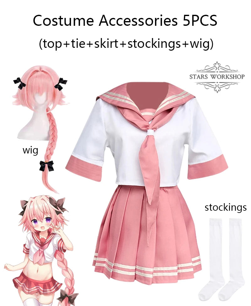 Fate Grand Order Astolfo Cosplay Costume – Fate Apocrypha Rider JK Uniform Sailor Suit Skirt for Women, Halloween