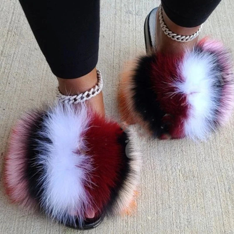 Girls’ Luxury Fluffy Fur Slippers – Warm Plush Indoor Flip Flop Slides for Women, New Arrival