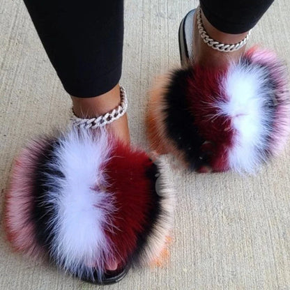 Girls’ Luxury Fluffy Fur Slippers – Warm Plush Indoor Flip Flop Slides for Women, New Arrival