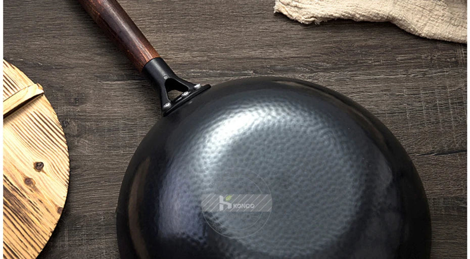 Konco 32cm Pure Cast Iron Wok – Non-Coated Chinese Wok Pan for Gas & Induction Cookers