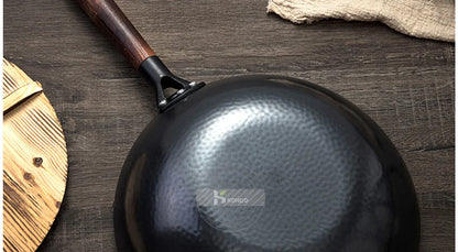 Konco 32cm Pure Cast Iron Wok – Non-Coated Chinese Wok Pan for Gas & Induction Cookers