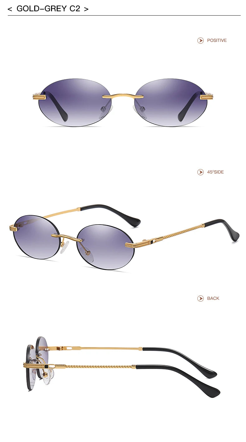 Retro Oval Rimless Sunglasses – Blue Mirror Gold Metal UV400 for Men & Women