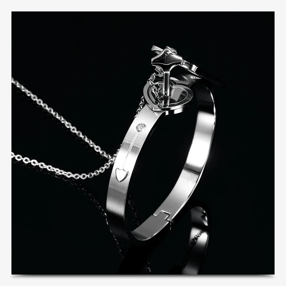 Couple Jewelry Set – Stainless Steel Love Heart Lock Bracelets & Key Pendant Necklace for Men & Women Gift