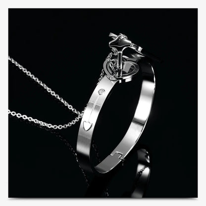 Couple Jewelry Set – Stainless Steel Love Heart Lock Bracelets & Key Pendant Necklace for Men & Women Gift