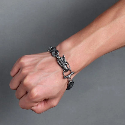 Ethnic Wind Dragon Bracelet – Vintage Silver Plated Cuff Bangle, Motorcycle Riding Charm Jewelry Gift for Men