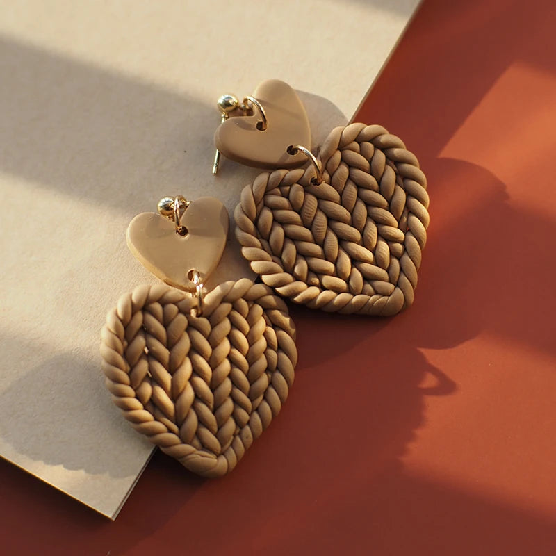 Handmade Knitted Heart-Shaped Polymer Clay Earrings – Braided Multi-Color Dangle Jewelry Set, Cute Love Gift