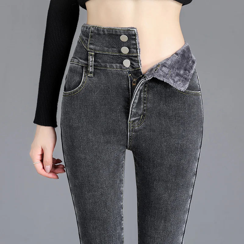 Thermal Fleece-Lined High-Waist Skinny Jeans for Women - Warm Stretch Velvet Pencil Pants with Button Closure