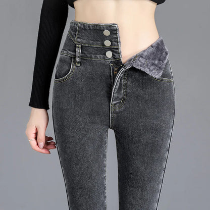 Thermal Fleece-Lined High-Waist Skinny Jeans for Women - Warm Stretch Velvet Pencil Pants with Button Closure