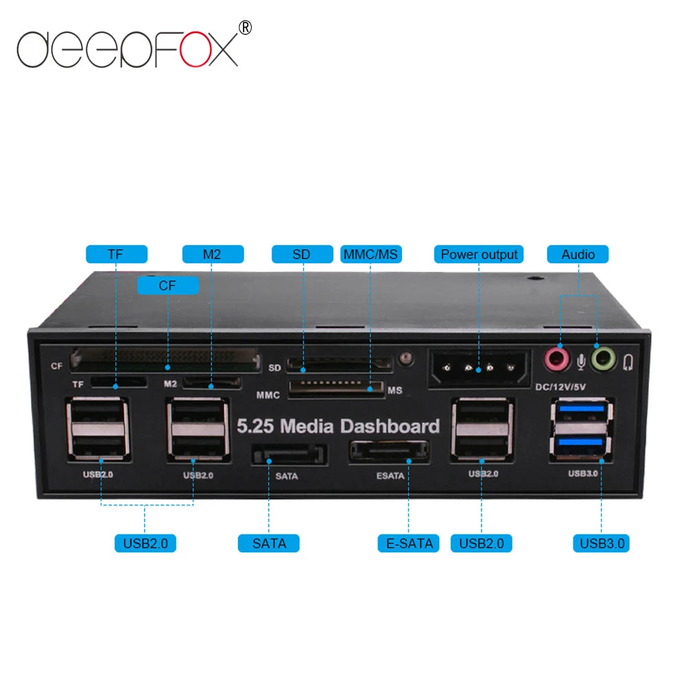 DeepFox 5.25" Media Dashboard Card Reader – USB 2.0/3.0, e-SATA, SATA Front Panel for Optical Drive Bays