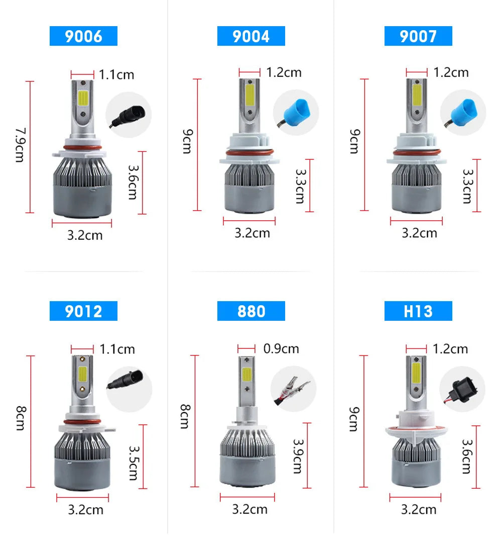 2x H7 LED Car Headlight Bulbs - H1, H3, H4, H8, HB1, HB3, HB4, H11, H13, H27, 9005, 9006, HIR2, 3000K, 6000K, 8000K COB C6 Car Lights