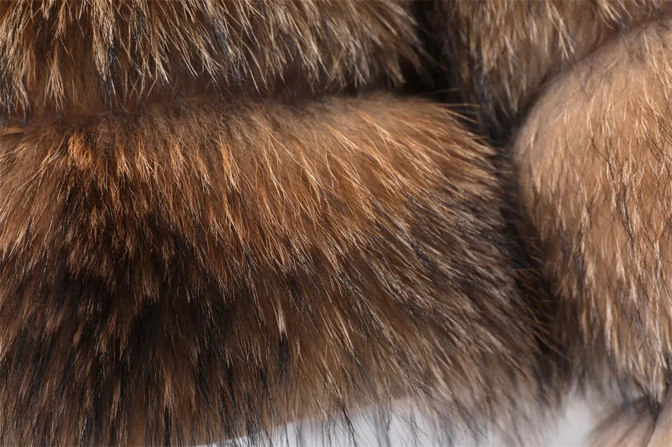 2025 Maomaokong Women’s Real Fur Coat – Natural Raccoon & Fox Fur Jacket with Hood, Warm Winter Outerwear