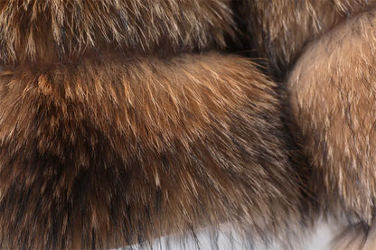 2025 Maomaokong Women’s Real Fur Coat – Natural Raccoon & Fox Fur Jacket with Hood, Warm Winter Outerwear