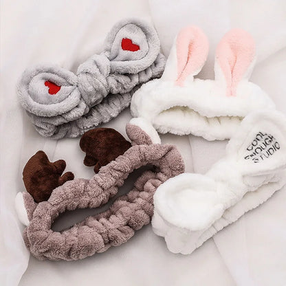 Soft Coral Fleece Bow Headband – Wash Face Hair Holder with Animal Ears for Women & Girls