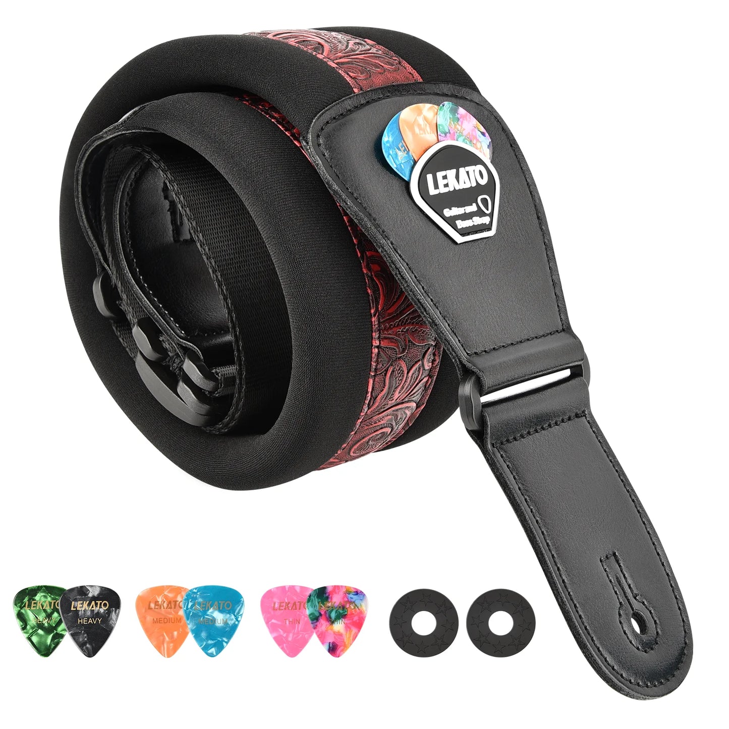 LEKATO LGS-2 Bass Guitar Strap – Adjustable Cowhide Strap with 6 Picks, Acoustic & Electric Bass Guitar Belt, Accessories