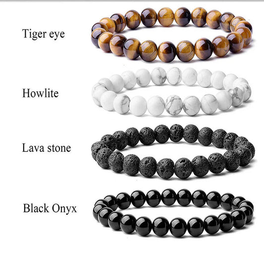 8mm Natural Stone Beaded Bracelet - Black Onyx Lava Tiger Eye Agate Quartz Chakra Yoga Energy Jewelry for Men & Women