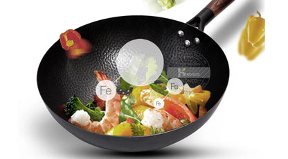 Konco 32cm Pure Cast Iron Wok – Non-Coated Chinese Wok Pan for Gas & Induction Cookers