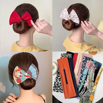 Deft Bun Hair Band for Women – Printed Bow Headband & Donut Bun Maker, DIY Hairstyle Twist & Ponytail Tool
