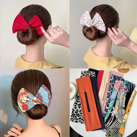 Deft Bun Hair Band for Women – Printed Bow Headband & Donut Bun Maker, DIY Hairstyle Twist & Ponytail Tool