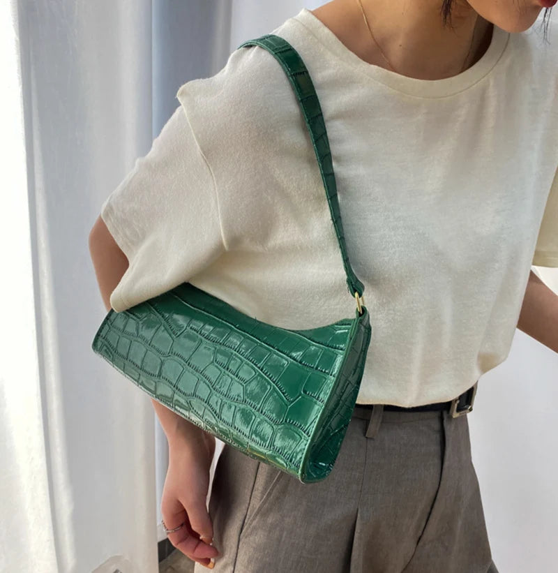 Fashion PU Leather Handbag for Women – Alligator Pattern Small Underarm Messenger Bag & Purse