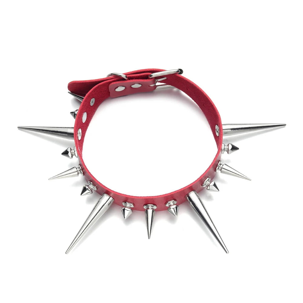 Punk Long Spike Choker – Studded Faux Leather Collar for Men & Women, Goth Rivet Necklace