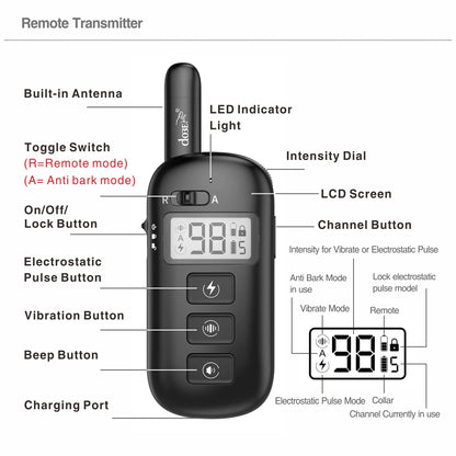 2-in-1 Remote Dog Training & Anti-Bark Collar Rechargeable Waterproof Electric Dog Behavior Control System 600M Range