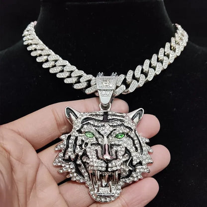 3D Tiger Pendant Necklace - Iced Out Crystal Cuban Chain Hip Hop Jewelry for Men & Women