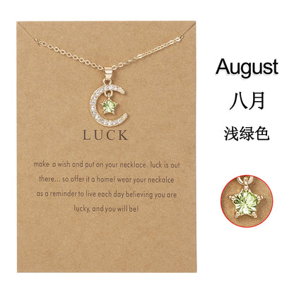 Fashion Birthstone Moon & Star Crystal Pendant Necklace – Women’s Clavicle Chain Choker Jewelry Gift for Parties & Birthdays