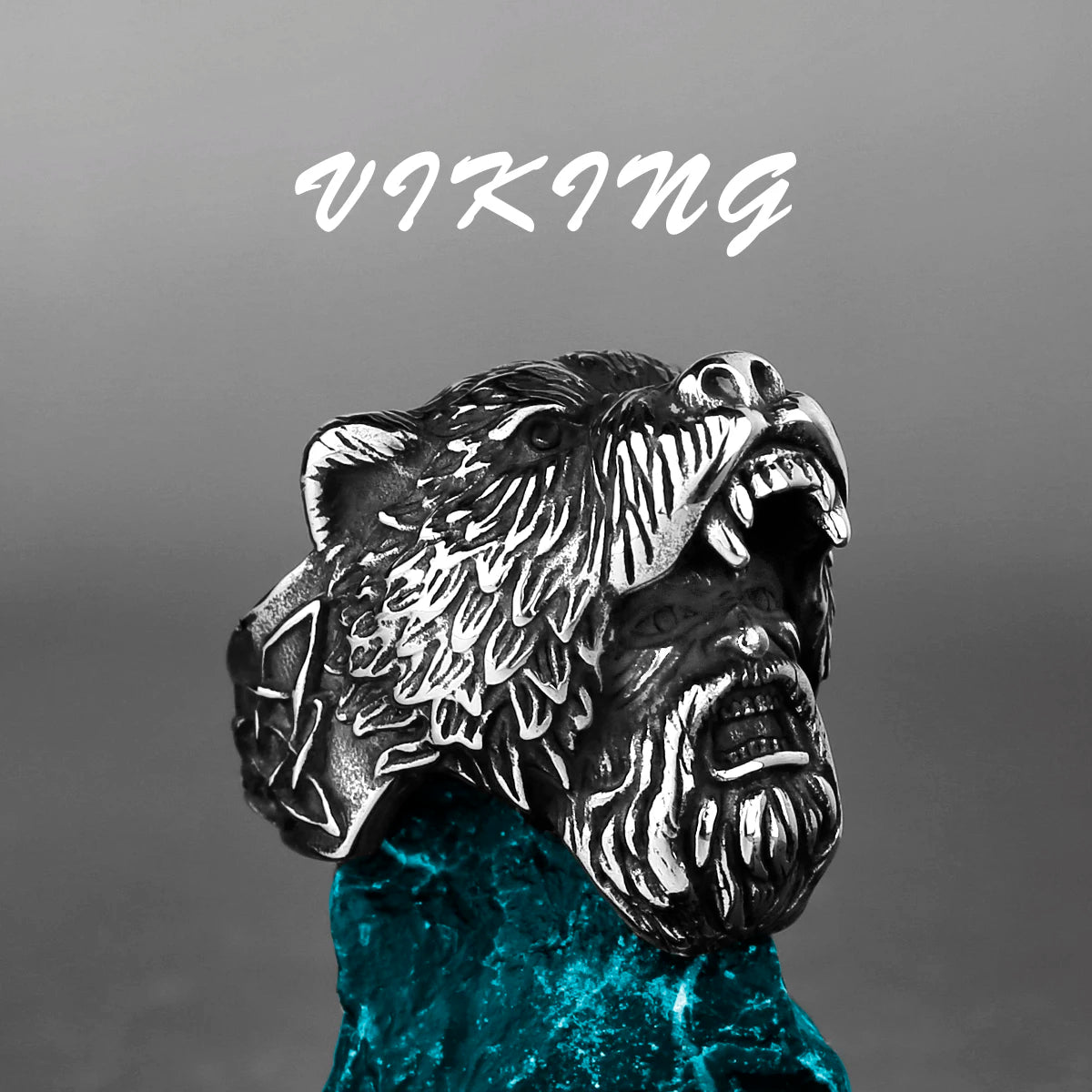 Nordic Viking Stainless Steel Ring - Compass Tree of Life Rune Wolf Amulet Jewelry for Men & Women