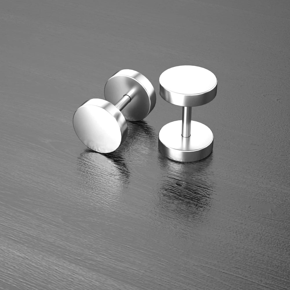 Stainless Steel Stud Earrings & Ear Plugs — Faux Punk Barbell Tunnels, Fake Piercing Gauges for Men & Women Body Jewelry