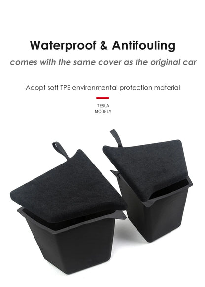 Futhope Car Trunk Side Storage Box for Tesla Model Y 2018-2024 – Hollow Cover Organizer with Flocking Mat & Partition Board
