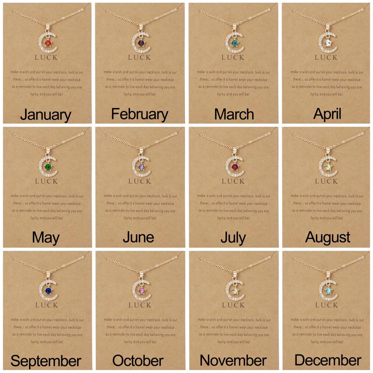 Fashion Birthstone Moon & Star Crystal Pendant Necklace – Women’s Clavicle Chain Choker Jewelry Gift for Parties & Birthdays